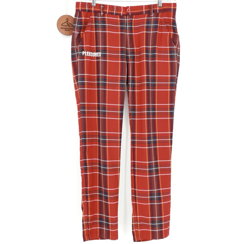 Pleasures Now Mens‎ Rudeboy Plaid Pant Red 34x32 Flat Front Holiday Cotton Relax